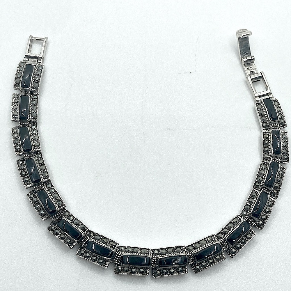 Vtg Sterling Onyx & Marcasite Link Bracelet Bracelet 7”